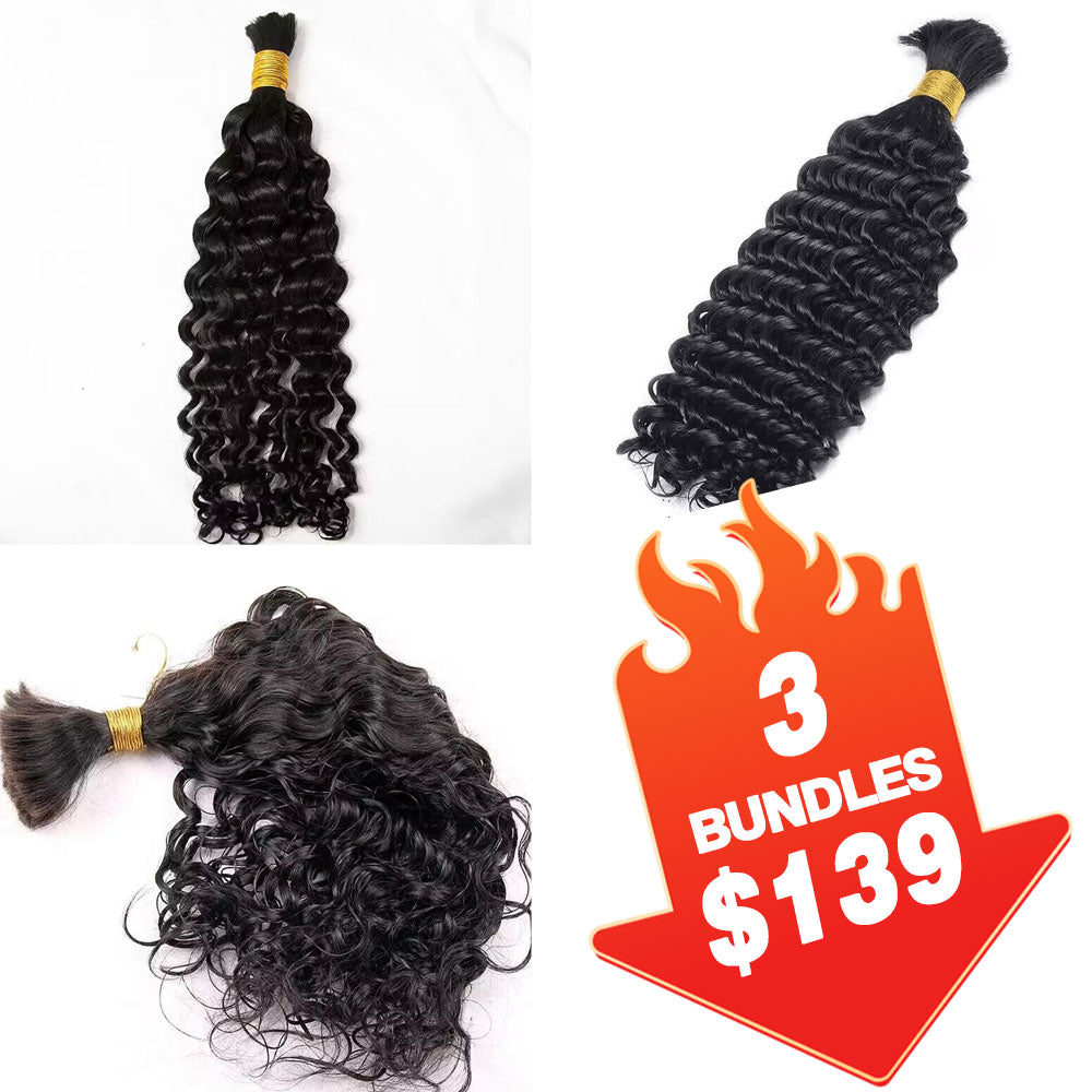 $139 = 3 Bundles Deep Wave & Water Wave & Loose Wave Human Braiding Hair