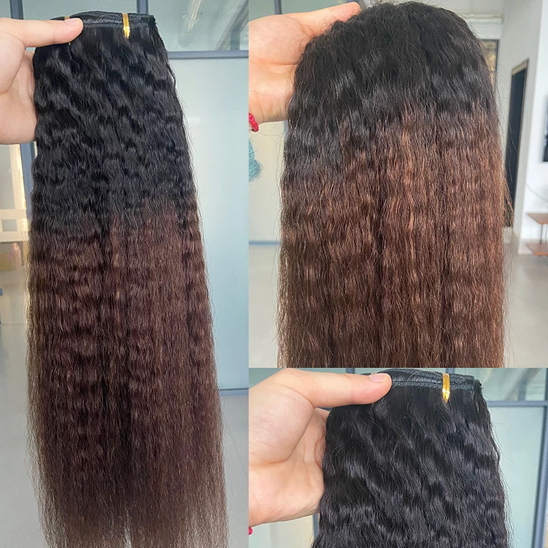 Clip in hair extension kinky straight Colored #1B/30/3 Brazilian Human Hair