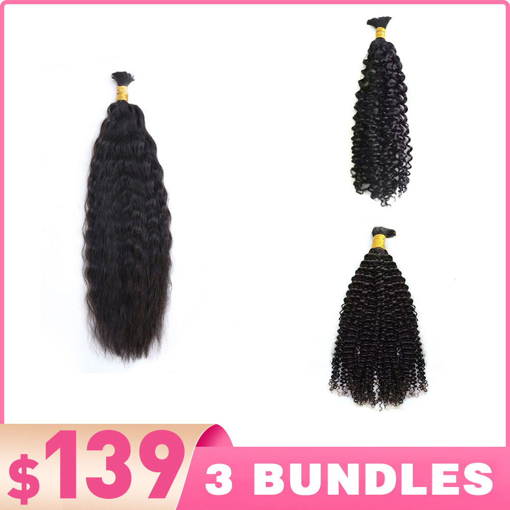 From $139 = 3 Bundles Deep Curly & Kinky Curly & Wet and Wavy Human Braiding Hair