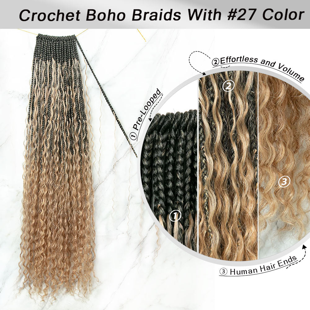 #27 Blonde Crochet Boho Box Braids With Human Hair Curls 24 Inch