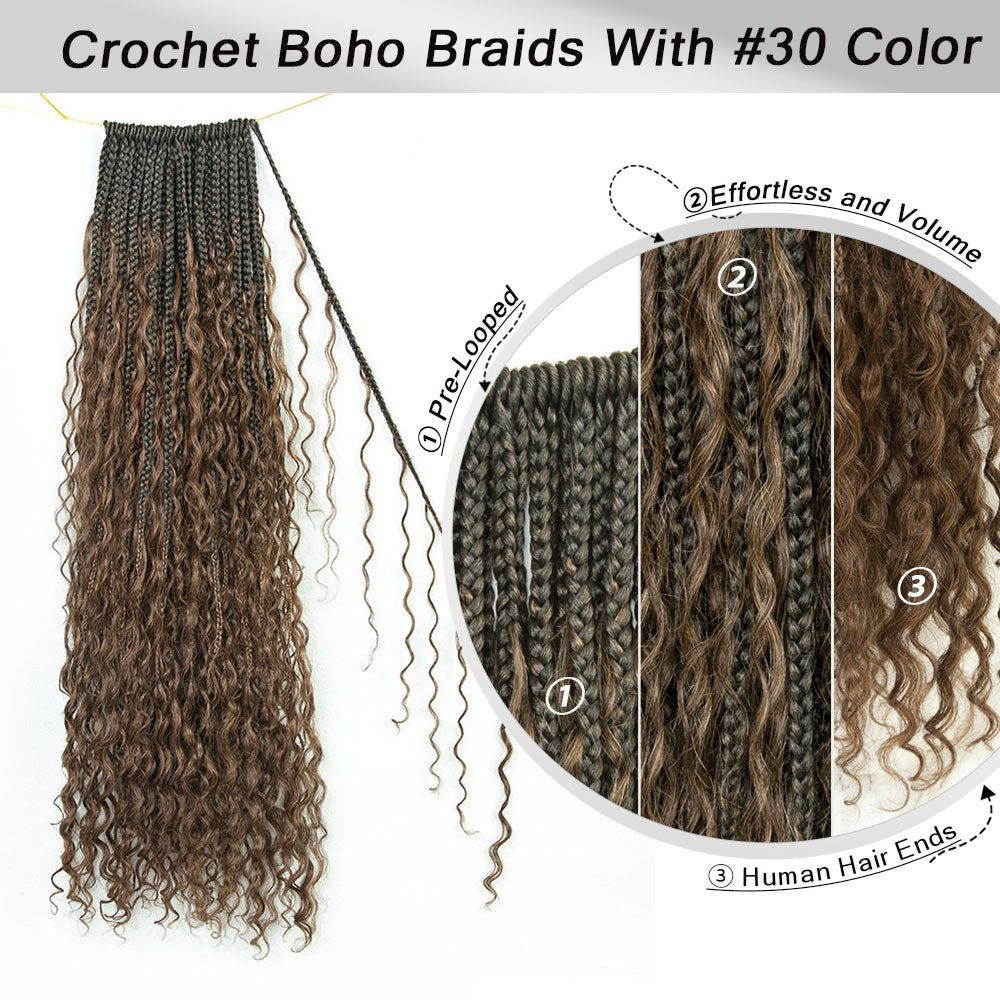 #30 Brown Crochet Boho Box Braids With Human Hair Curls 24 Inch