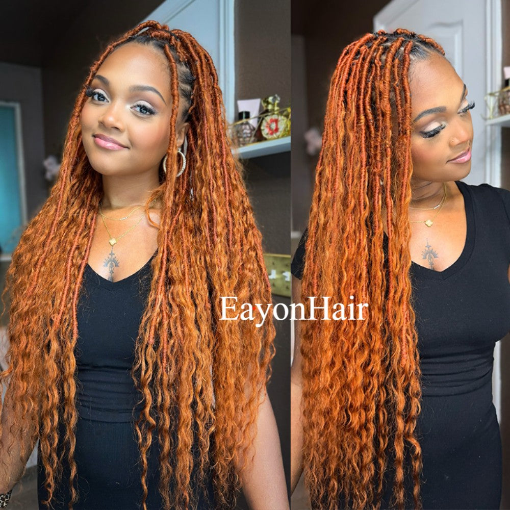 EAYON #350 Ginger Color Crochet Boho Locs With Human Hair Curls