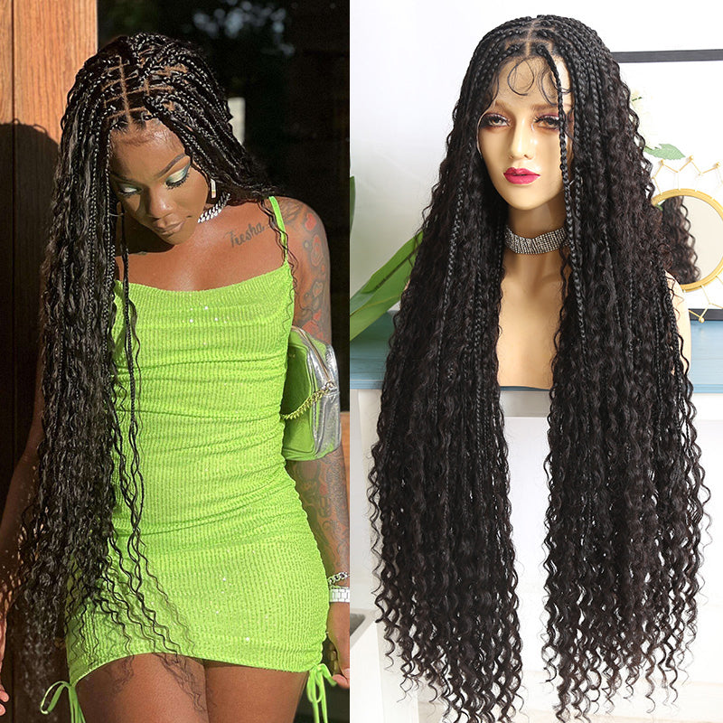 Diamond Full Lace Wig Crochet Knotless Bohemian Braided Wig with Burmese Human Hair Curls