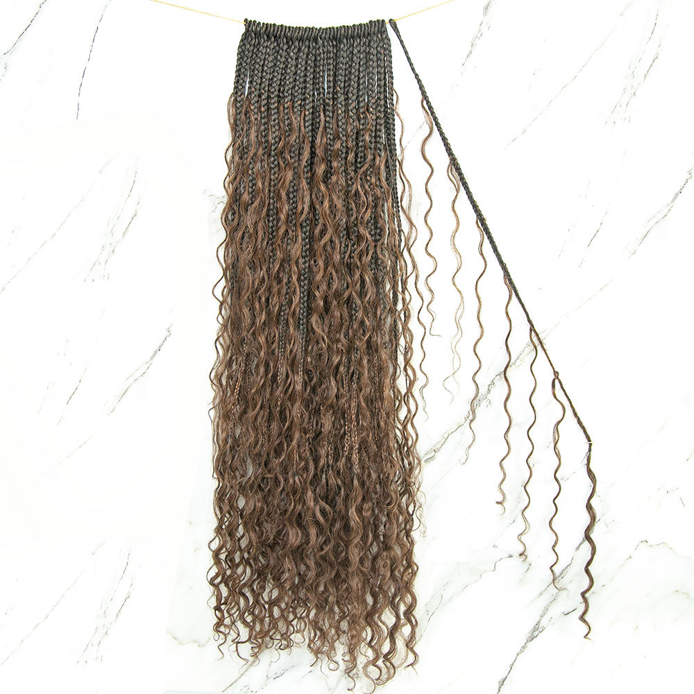 #30 Brown Crochet Boho Box Braids With Human Hair Curls 24 Inch