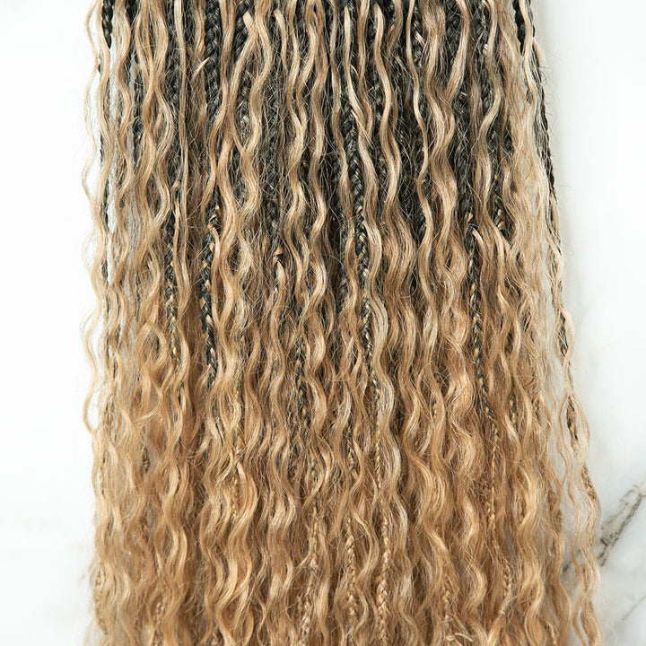 #27 Blonde Crochet Boho Box Braids With Human Hair Curls 24 Inch