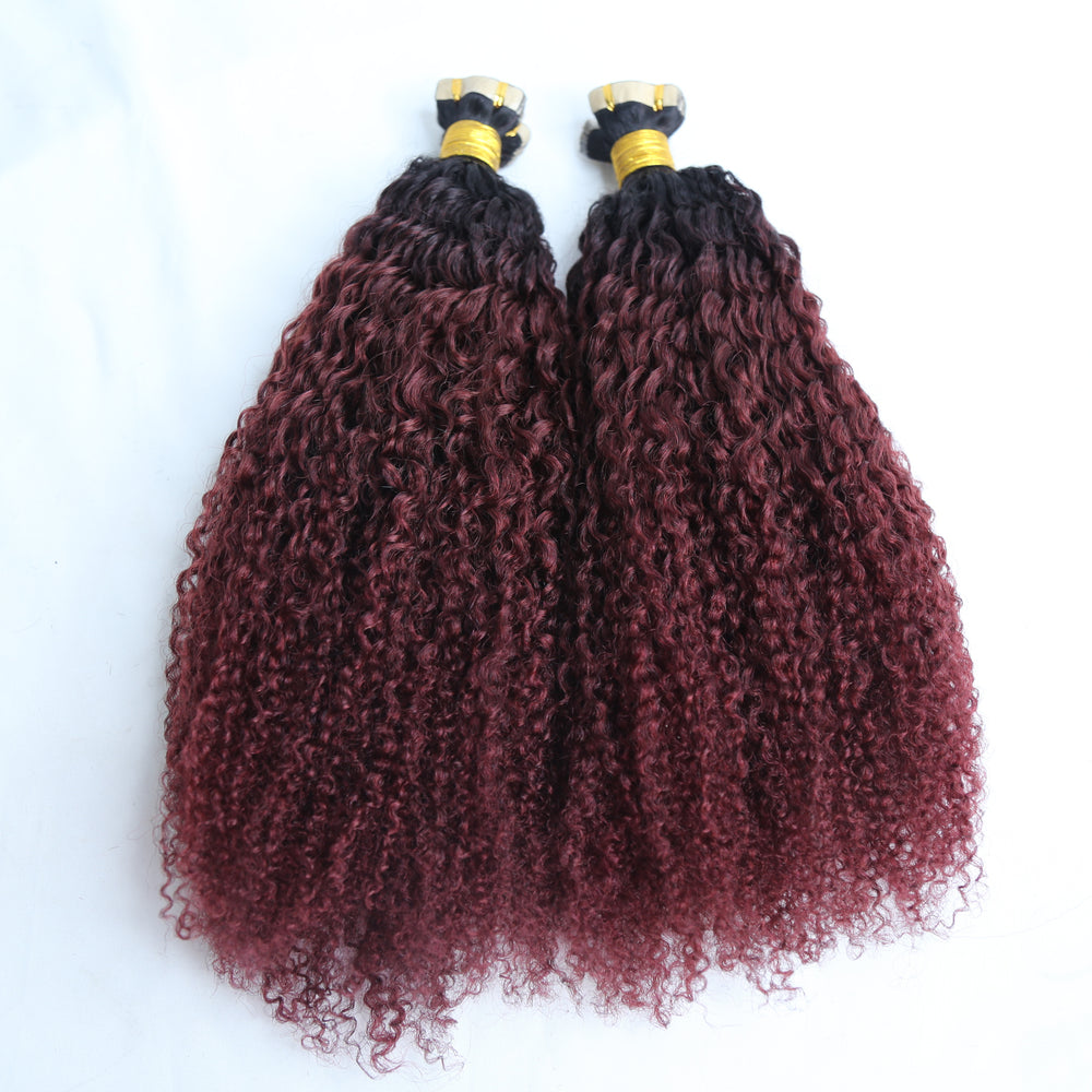 TAPE IN HAIR EXTENSION Tight Curly Human Hair  #T1B/Burgundy