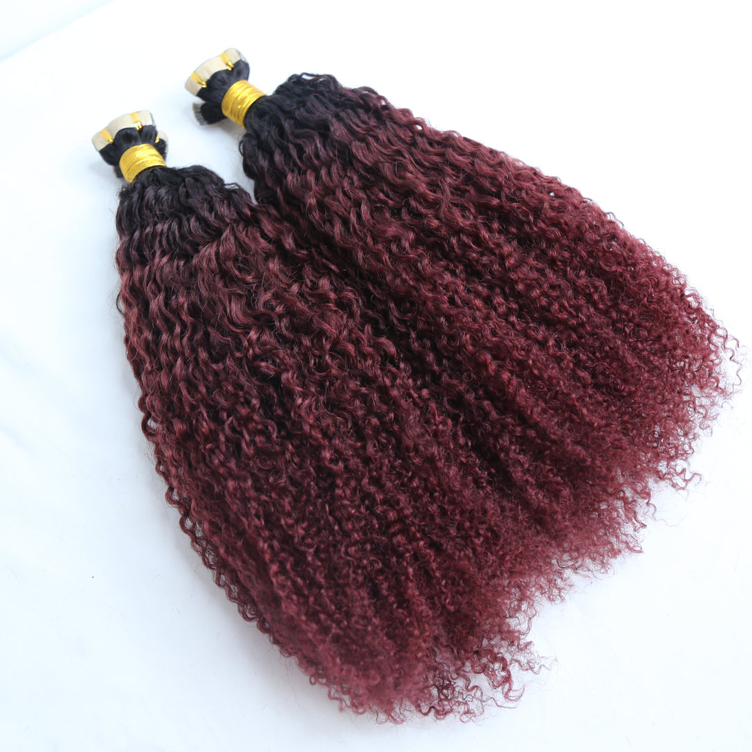 TAPE IN HAIR EXTENSION Tight Curly Human Hair  #T1B/Burgundy