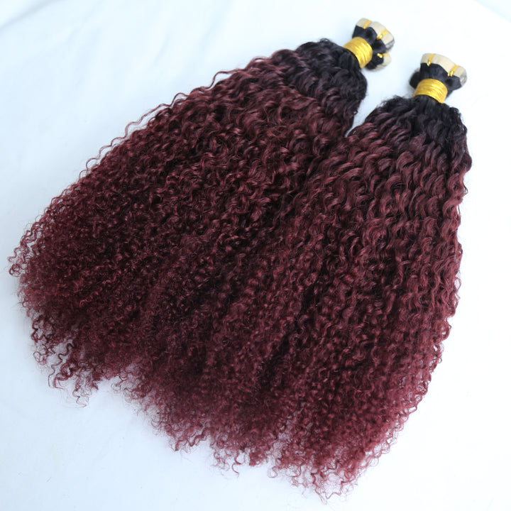 TAPE IN HAIR EXTENSION Tight Curly Human Hair  #T1B/Burgundy