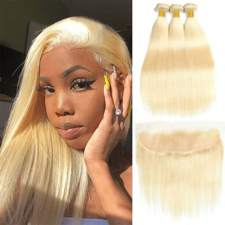 #613 Blonde Bundles With 13x4 Lace Frontal Silky Straight Human Hair