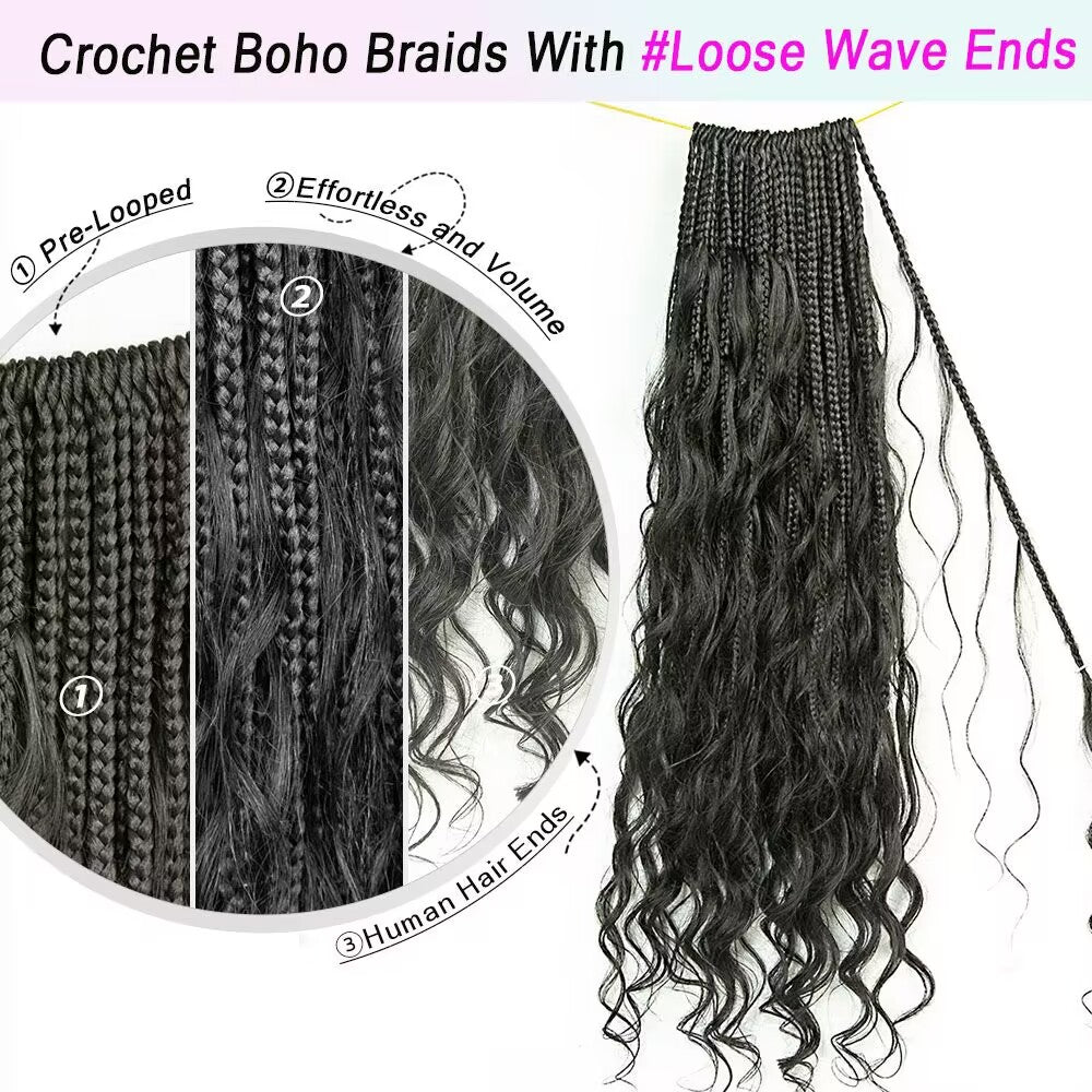 Pre-Looped Crochet Boho Box Braids With Loose Wave Human Hair Curls