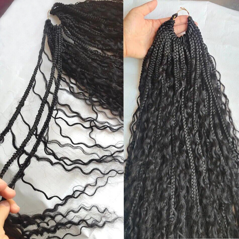 Pre-Looped Crochet Boho Box Braids With Human Hair Curls 24 Inch