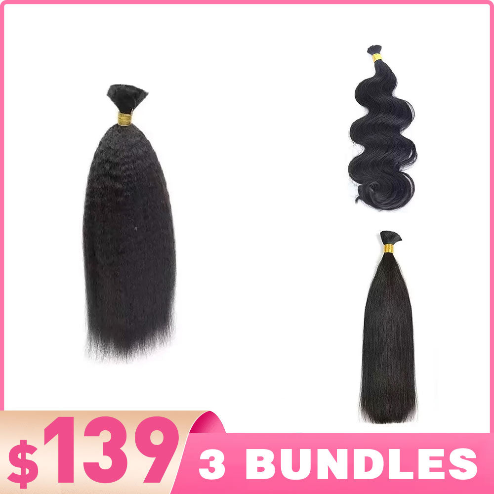 From $139 = 3 Bundles Kinky Straight & Body Wave & Silk Straight Human Braiding Hair