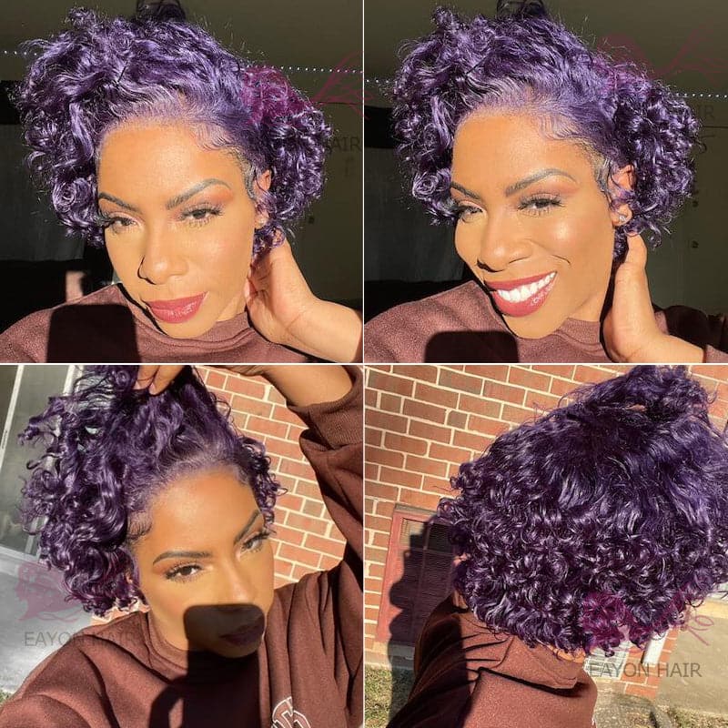Pre Styled Lace front Purple Pixie Cut Curly BOB Lace Wig PCCT1364 Eayonhair