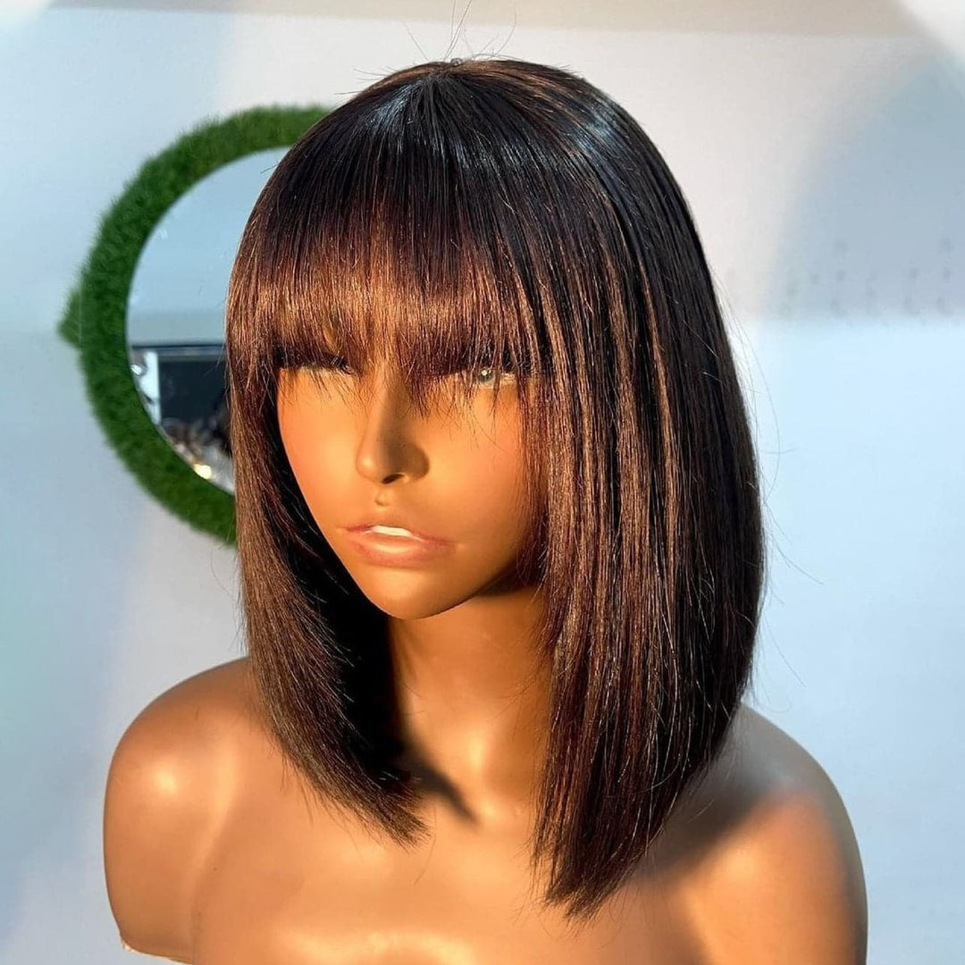Pre Plucked Blunt Cut Silky Straight BOB With Bangs HD Lace Front Wig 10AOBCT