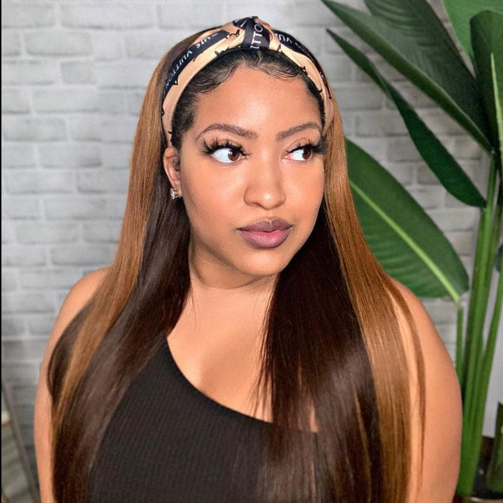 Headband Wig Mix Color Highlights Silky Straight Human Hair HBWSTM-1