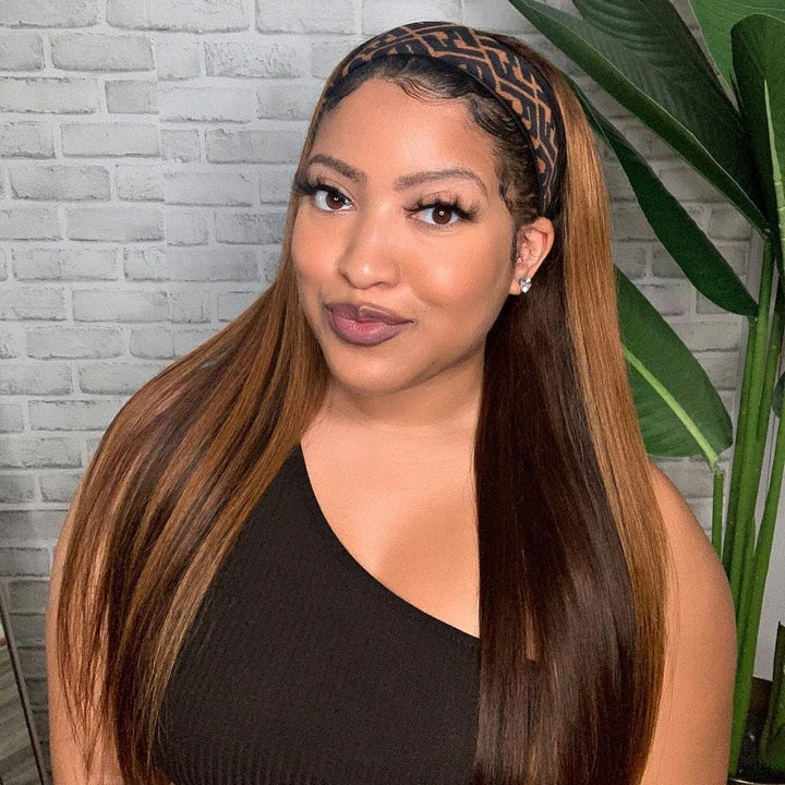 Headband Wig Mix Color Highlights Silky Straight Human Hair HBWSTM-1