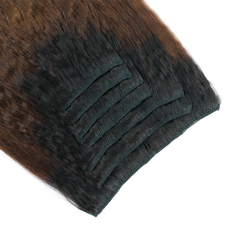 Clip In Hair Extension Kinky Straight Colored #1B/30/3 Brazilian Human Hair