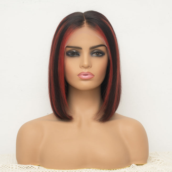 Pre Plucked Highlights T1B/Red/Dark Red 13x6 Lace Front Blunt Cut BOB Straight Wig  BOBTRED