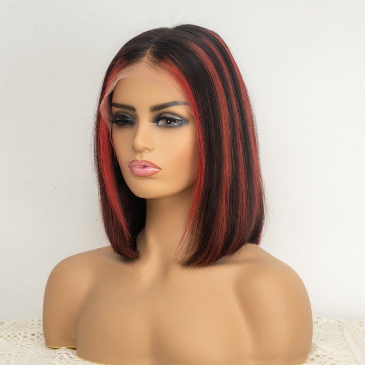 Pre Plucked Highlights T1B/Red/Dark Red 13x6 Lace Front Blunt Cut BOB Straight Wig  BOBTRED
