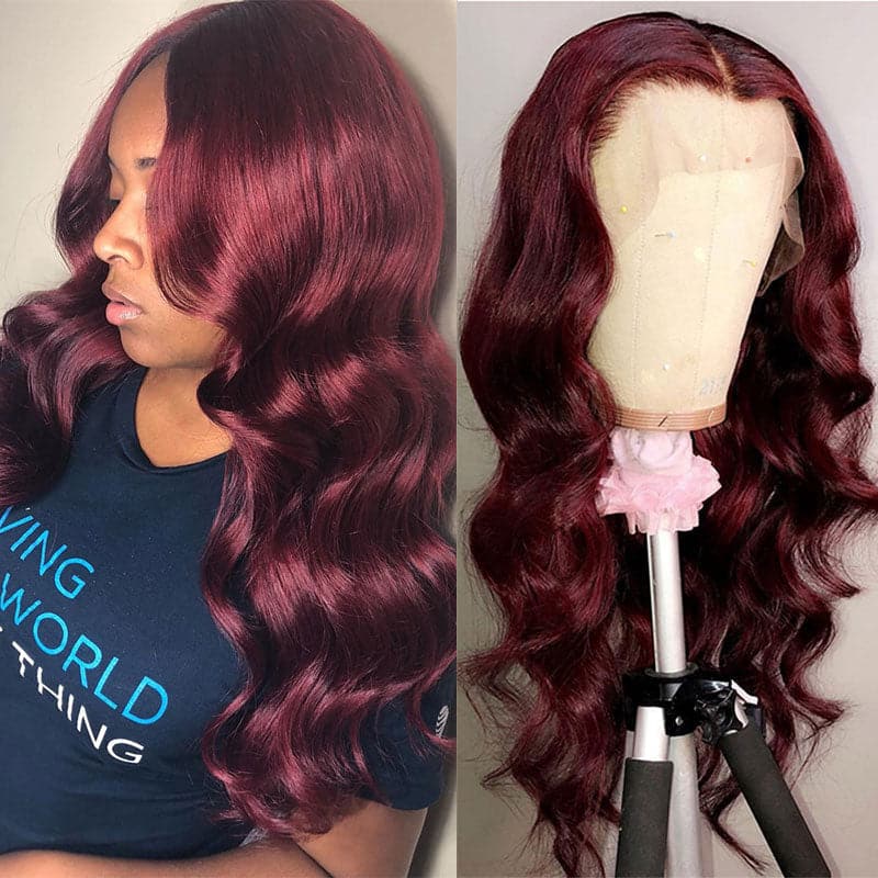 Transparent Lace #99J Burgundy Body Wave Lace Front Wig BCT#99J