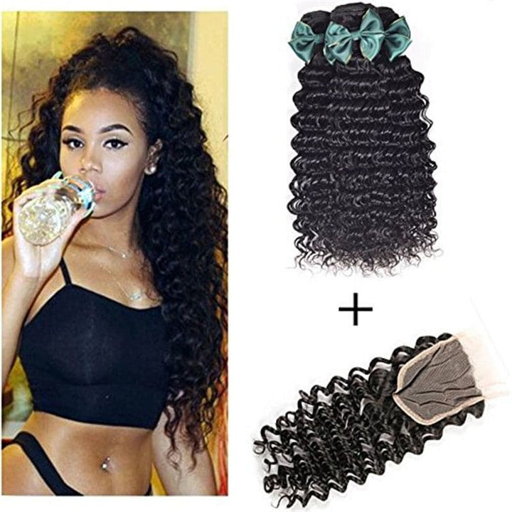 Bundles With 4x4 & 5x5 Lace Closure Deep Curly Human Hair