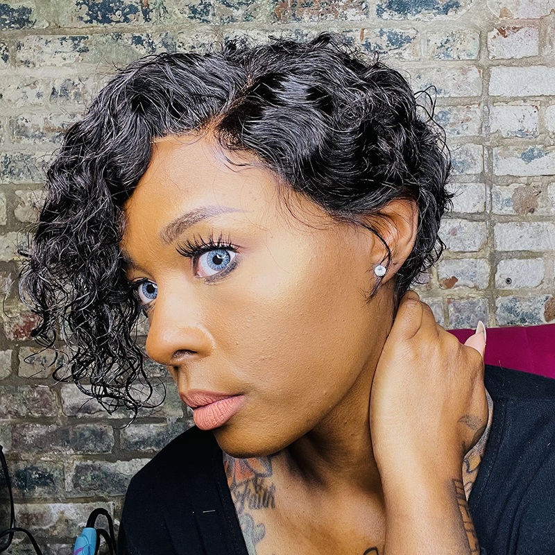 Eayon Hair Pre-styled Pixie Cut Curly/Wave Bob Lace Wig, 6 - 8 inch / T Part 13x4 Lace Front Wig / Small