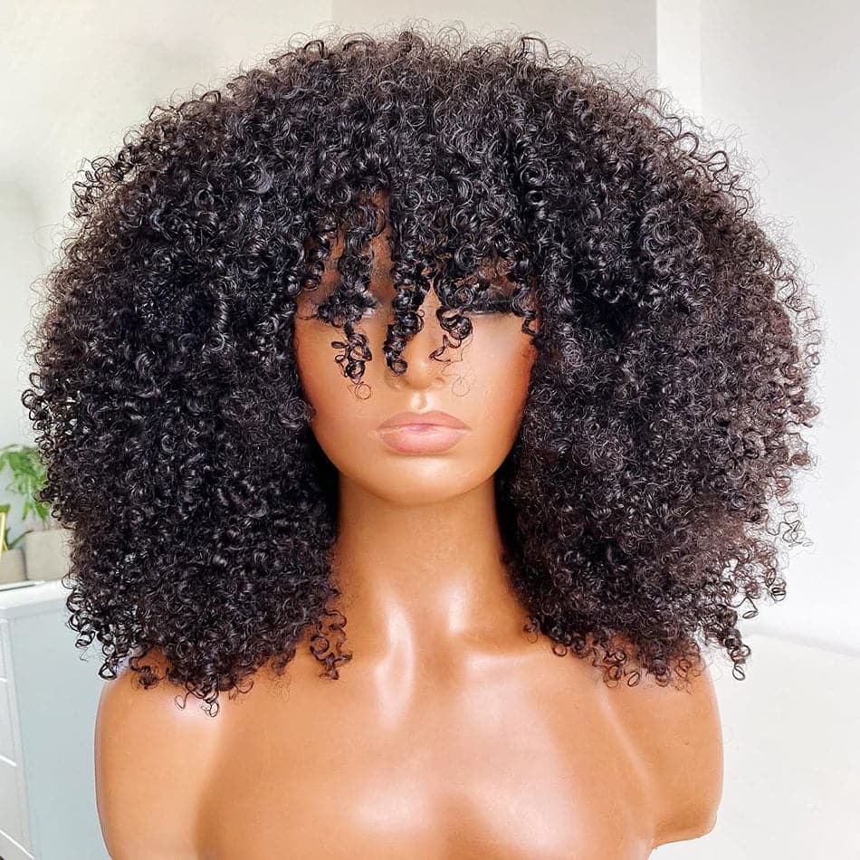 Afro Kinky Curly With Bangs Hand Tied With Machine Made No Lace Wig