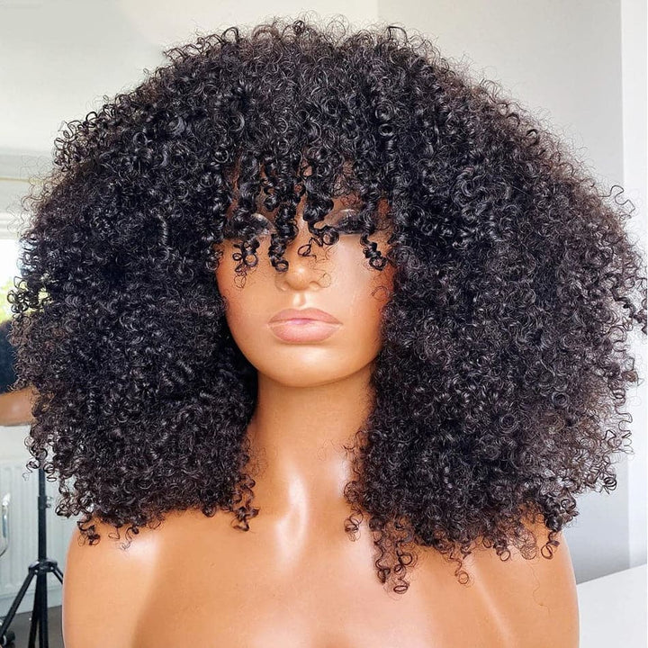 Afro Kinky Curly With Bangs Hand Tied With Machine Made No Lace Wig