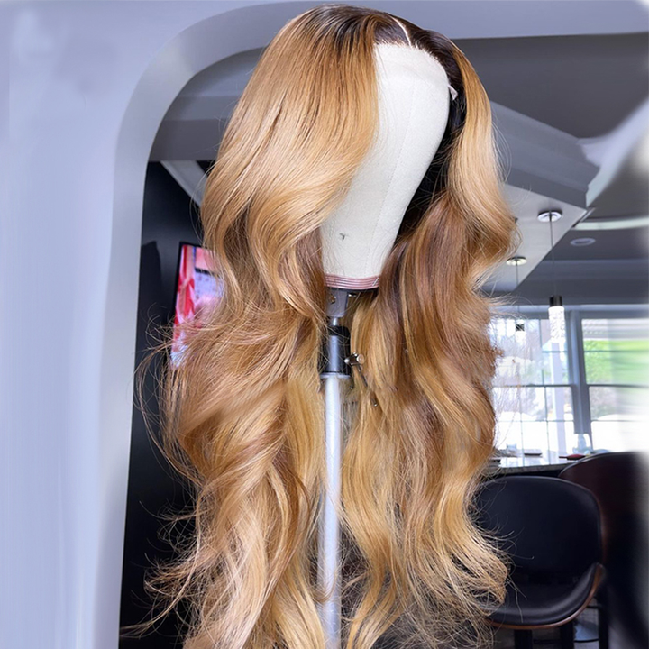 Transparent Lace Ombre #1B/27 Blonde Color Loose Body Wave 13x4 Lace Front Wig BBOB01