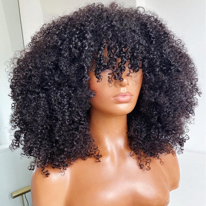 Afro Kinky Curly With Bangs Hand Tied With Machine Made No Lace Wig