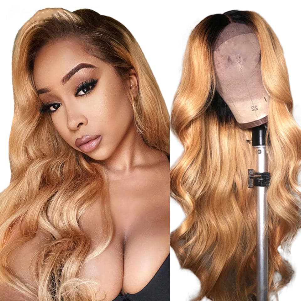 Transparent Lace Ombre #1B/27 Blonde Color Loose Body Wave 13x4 Lace Front Wig BBOB01