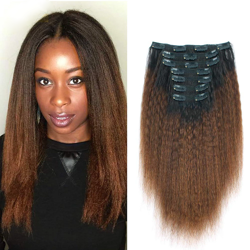 Clip in hair extension kinky straight Colored #1B/30/3 Brazilian Human Hair