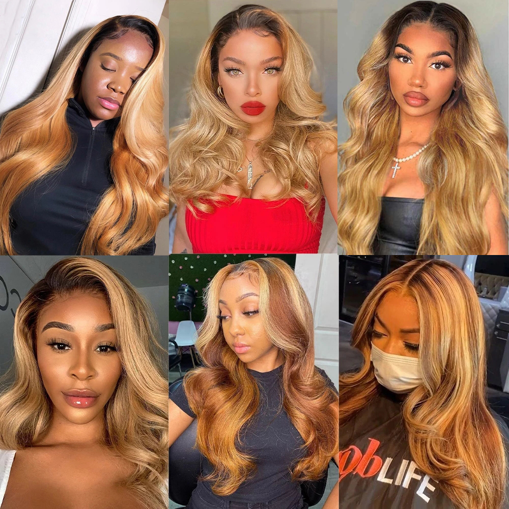 Transparent Lace Ombre #1B/27 Blonde Color Loose Body Wave 13x4 Lace Front Wig BBOB01