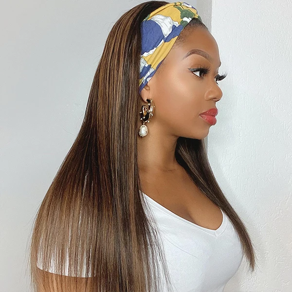 Headband Wig Mix Color Highlights Silky Straight Human Hair 4