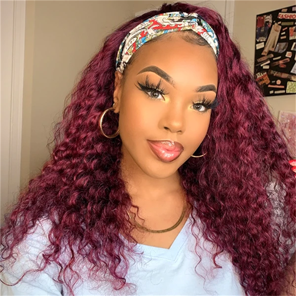 Headband Wig #99J Burgundy Deep Curly Human Hair HBWDC9