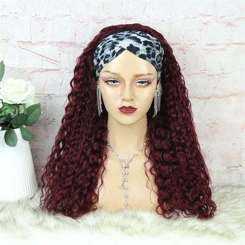 Headband Wig #99J Burgundy Deep Curly Human Hair HBWDC9