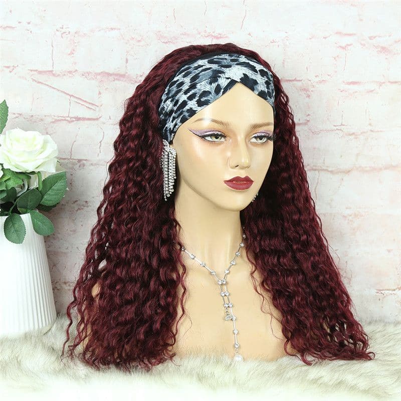 Headband Wig #99J Burgundy Deep Curly Human Hair HBWDC9