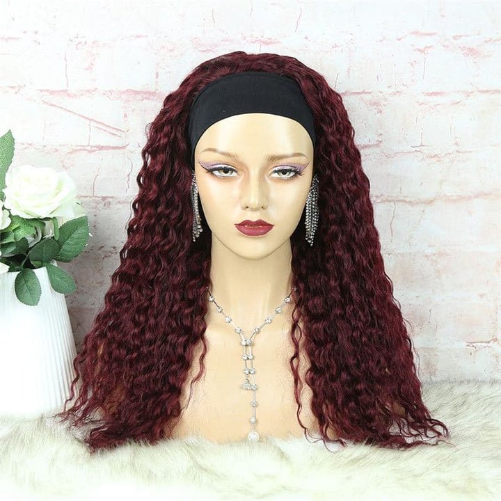 Headband Wig #99J Burgundy Deep Curly Human Hair HBWDC9