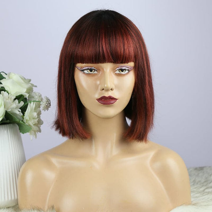 BOB Straight With Bang Mixed T1B/red#dark red Human Hair Wig  BT1BR