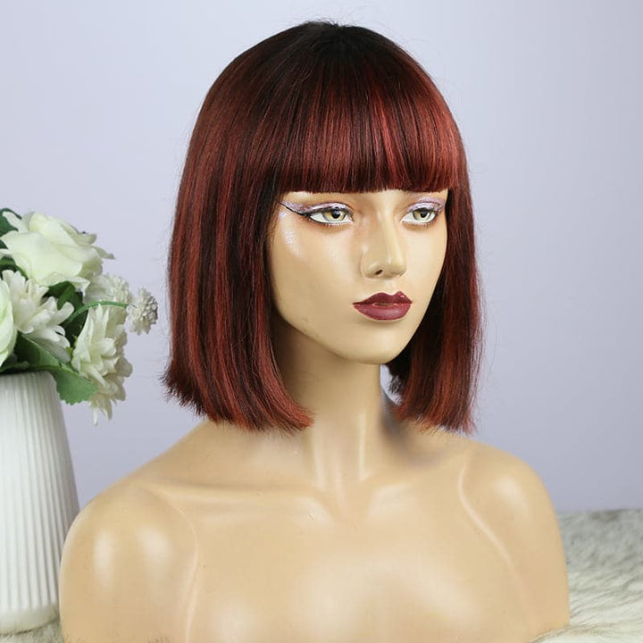 BOB Straight With Bang Mixed T1B/red#dark red Human Hair Wig  BT1BR