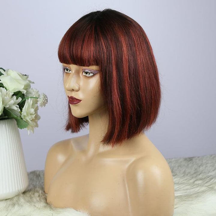 BOB Straight With Bang Mixed T1B/red#dark red Human Hair Wig  BT1BR