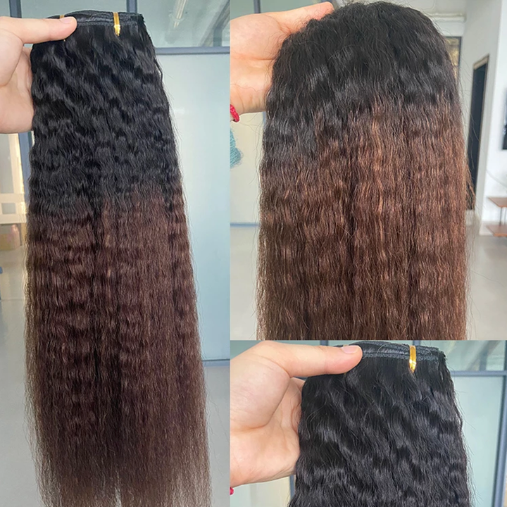 Clip In Hair Extension Kinky Straight Colored #1B/30/3 Brazilian Human Hair