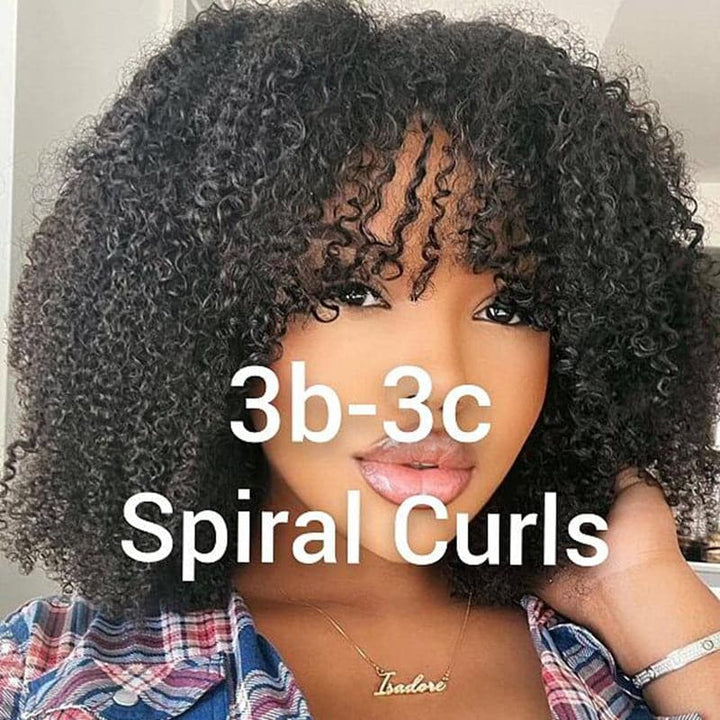 Afro Kinky Curly With Bangs Hand Tied With Machine Made No Lace Wig