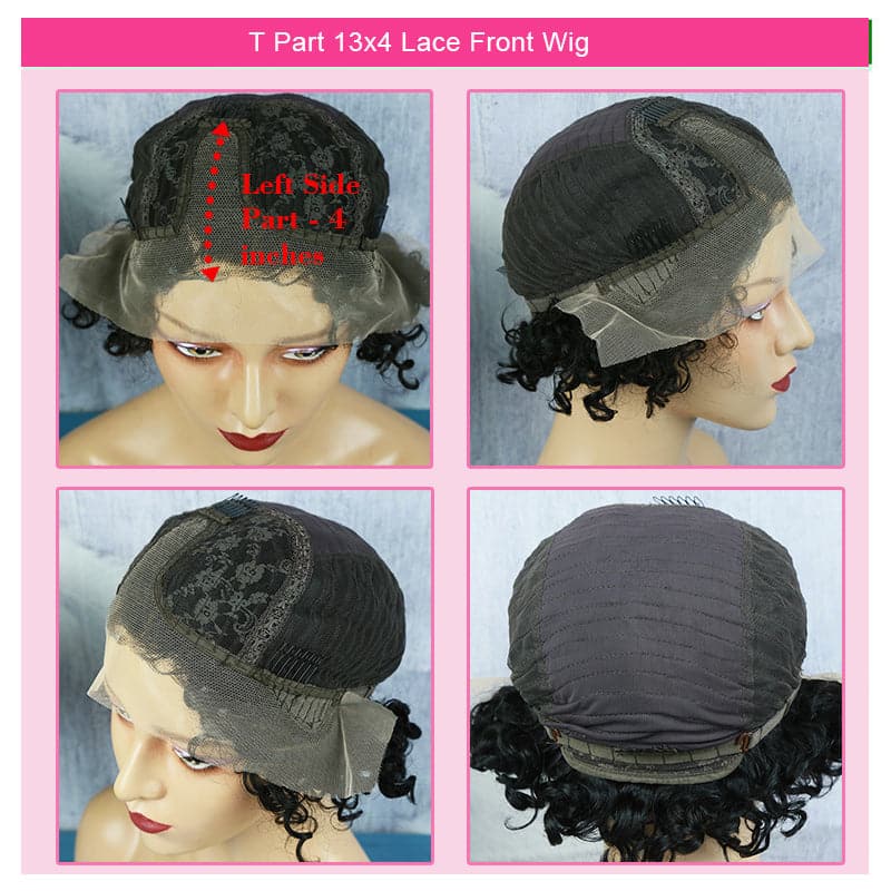 Eayon Hair Pre-styled Pixie Cut Curly/Wave Bob Lace Wig, 6 - 8 inch / T Part 13x4 Lace Front Wig / Small