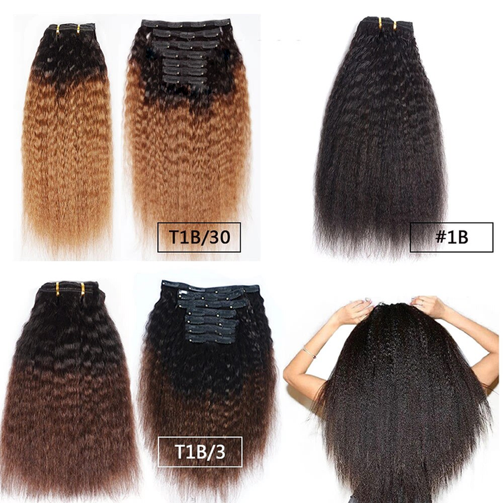 Clip In Hair Extension Kinky Straight Colored #1B/30/3 Brazilian Human Hair