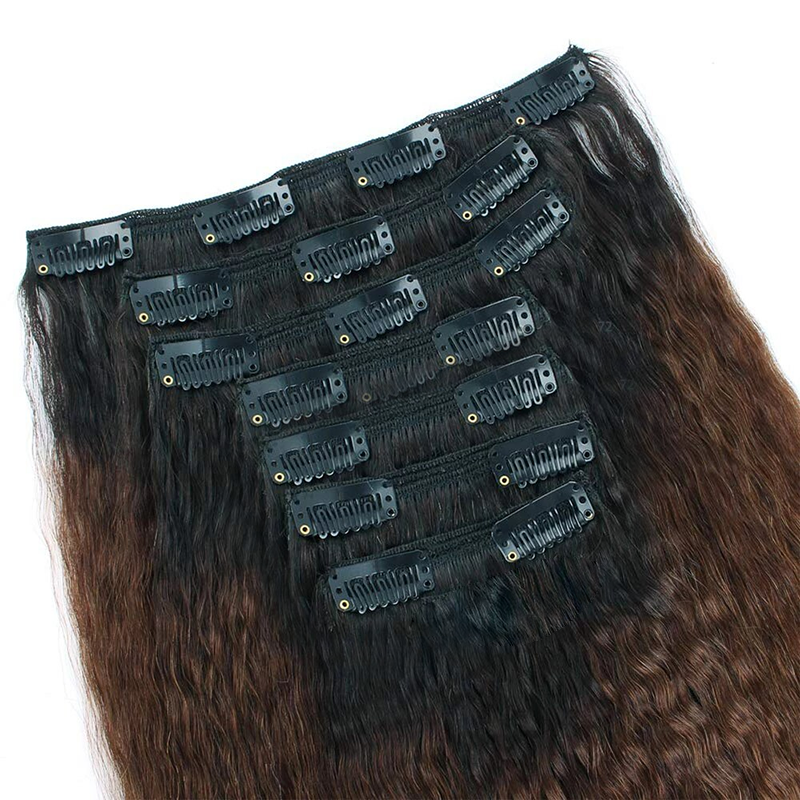 Clip In Hair Extension Kinky Straight Colored #1B/30/3 Brazilian Human Hair