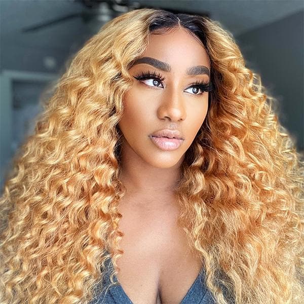Transparent Lace Dark Root Honey Blonde Deep Wave 13x6 Lace Front Wig DPDW27