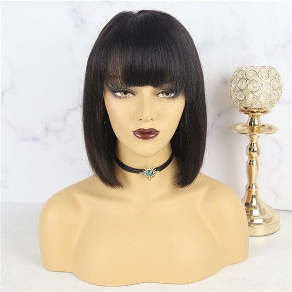 Pre Plucked Blunt Cut Silky Straight BOB With Bangs HD Lace Front Wig 10AOBCT