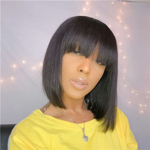 Pre Plucked Blunt Cut Silky Straight BOB With Bangs HD Lace Front Wig 10AOBCT